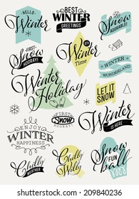 Vector collection of retro styled winter design elements featuring phrases about snow, cold weather, winter happiness and others | Everything for winter greeting card design | Scrapbook winter set