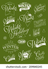 Vector collection of retro styled winter design elements featuring phrases about snow, cold weather, winter happiness and others | Everything for winter greeting card design | Scrapbook winter set