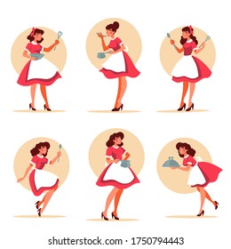 vector collection of retro waitress holding a plate plate,pot, spoon  illustrations in cartoon style for your logo, label, emblem