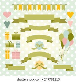 Vector collection of ribbons, gifts, balloons and hearts.