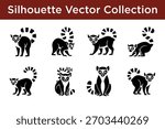 Vector collection of ring-tailed lemur silhouettes in various poses, isolated on white background, perfect for design.