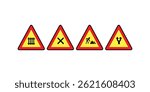 Vector collection of road caution signs including various traffic symbols, warning elements, and directional safety visuals for transportation and urban planning