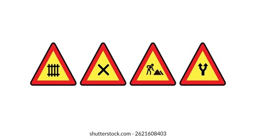 Vector collection of road caution signs including various traffic symbols, warning elements, and directional safety visuals for transportation and urban planning