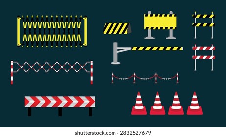 A vector collection of road construction safety equipment and traffic barriers on a dark background. The set includes expandable scissor fences, traffic cones, boom gates, chain posts, hazard barricades, and warning signs with yellow, red, and white stripe patterns. Ideal for site safety, traffic management, and urban construction themes.