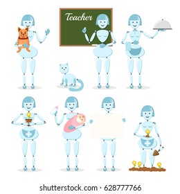 Vector collection with robots. Isolated Icon on a white background. Nanny. Cook. Teacher. Florist. Bot set. 