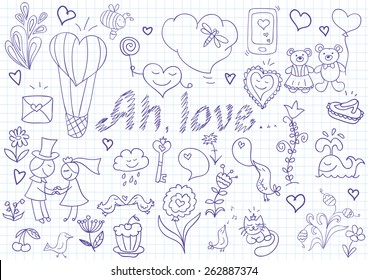 Vector collection of romantic symbols. Sketch on notebook page