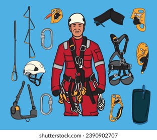 vector collection of rope access equipment, carabiner, full body harness, helmet, safety, descender, ascender, chest ascender, rope protection