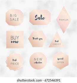 Vector collection of rose golden premium isolated promo sale stickers on a marble background. Brush lettering. Elegant geometric shapes