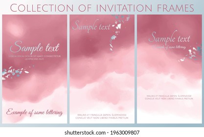 vector collection of  rose stylized invitation with imitation watercolor and silver texture