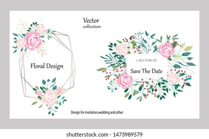 Vector collection with roses,leaves and geometric. Botanic Design for banner, wedding, poster, invitation, cover, placard, brochure, header.