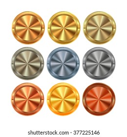 vector Collection of round knobs of different kinds of metal gold silver platinum copper bronze brass aluminum with centric circles