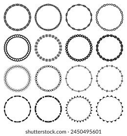 Vector collection of round narrow and thin black frames isolated on white background. Set of circles, simple geometric patterns. For the design of plates, vignettes, albums, printing on paper, textile