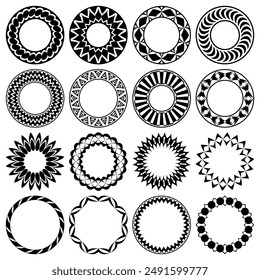 Vektorgrafik Kollektion von runden schmalen und breiten schwarzen Rahmen isoliert auf weißem Hintergrund. Satz von Kreisen, einfache geometrische Muster. Für die Gestaltung von Platten, Vignetten, Alben, Druck auf Papier, Textil