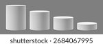 Vector collection of round white pedestals or platforms of different heights for product presentation. Realistic and minimalistic mockup or template