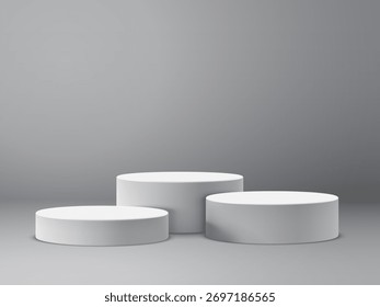 Vector colección de pedestales redondos blancos o andenes de diferentes alturas para la presentación del producto. Maqueta o Plantilla realista y minimalista