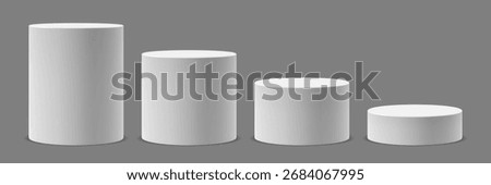 Vector collection of round white pedestals or platforms of different heights for product presentation. Realistic and minimalistic mockup or template
