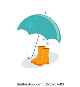 Vector collection, rubber boots and umbrella, snow