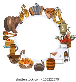 Vector collection of Russian culture images, including russian doll, balalaika, matryoshka, accordion, samovar, bagels, pies, spoon, pancakes, caviar, bear. Traditional elements set isolated on white 