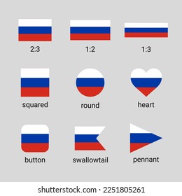 Vector collection of Russian flags in different shapes and ratio. Russia flag high quality set