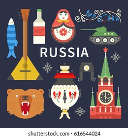 Vector collection of Russian symbols including bear, samovar, tank, kremlin made in flat style. 