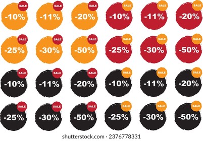 Vector collection of sales discounts: -10%, -11%, -20%, -25%, -30%, -50%. Sale banners, discount stickers isolated. New offers. Sale