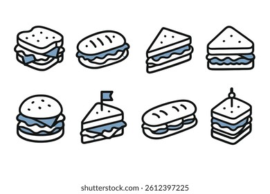 Vector collection of sandwich icons in black and blue hues on a white background
