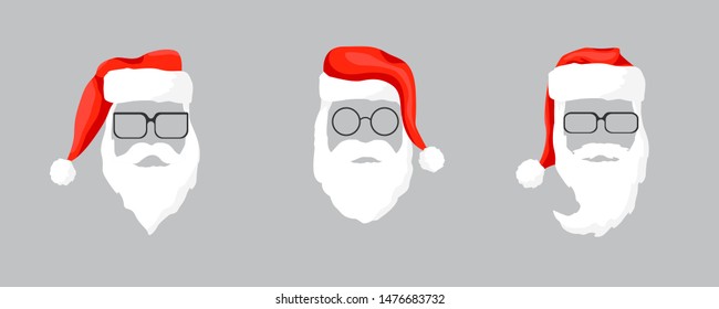Vector collection Santa Claus hats, moustache, horns, beards and glasses. Christmas festive design. Vector illustration eps 10.