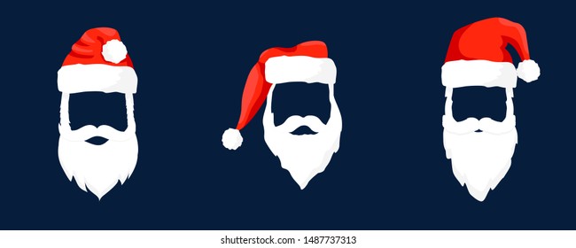 Vector collection Santa Claus hats, moustache, horns, beards and glasses. Christmas festive design. Vector illustration eps 10.
