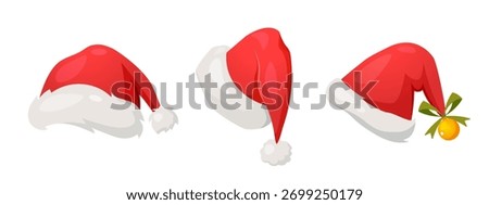 Vector collection of Santa hats isolated on a white background. Christmas and New Year symbols, seasonal design,festive decoration.