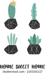 Vector collection of scandinavian cacti in geometric pots. Hand-drawn summer illustration of a cactus for decor, nursery, card, sweet home, interior, print, poster, banner, child, baby