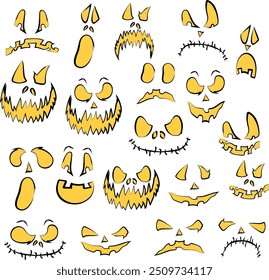 Vector collection of scary faces for Halloween party. Jack o Lantern faces with creepy smiles.