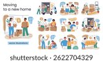 Vector collection of scenes about moving, buying and preparing new home. People pack boxes, carry furniture, load truck, paint walls, plan renovation, hold house keys. Cartoon illustrations set