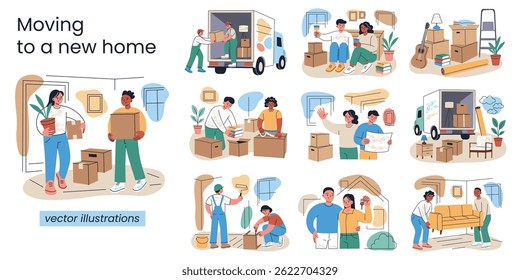 Vector collection of scenes about moving, buying and preparing new home. People pack boxes, carry furniture, load truck, paint walls, plan renovation, hold house keys. Cartoon illustrations set