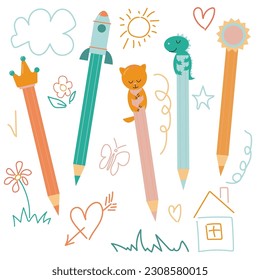 vector collection school pencils with cute erasers