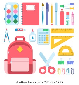 Vector collection of school supplies or stationery. bundle of accessories for lessons, items for education of smart 