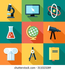 Vector collection of science icons. Flat style with long shadows.
