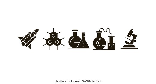 Vector collection of science icons including rocket, atom, lab tools and more, perfect for education, innovation, physics, chemistry, and scientific presentations.