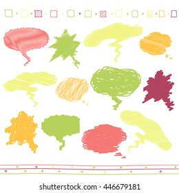 Vector collection of scribbled speech bubbles with hand drawn style of yellow, red, orange and green colors