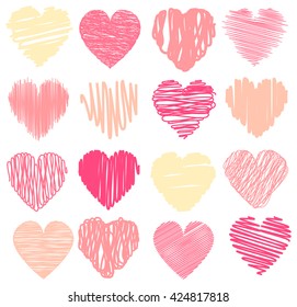 Vector collection of scribbled valentine hearts with hand drawn style of red and pink color