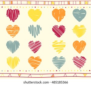 Colección vectorial de corazones valentinos garabateados con estilo dibujado a mano de color rojo, amarillo, naranja y gris