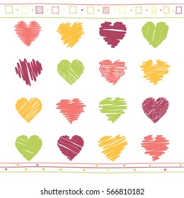 Colección vectorial de corazones valentinos garabateados con estilo dibujado a mano de color rojo, naranja y verde