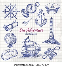 Vector collection of Sea Adventure in sketch style on paper. Vector illustration for your design