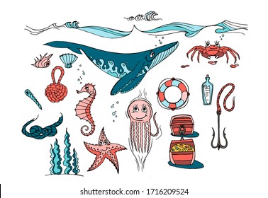 Vector collection of sea animals in bright colors. Elements of the sea world and the ship. Baby cute characters.