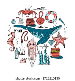 Vector collection of sea animals in bright colors. Elements of the sea world and the ship. Baby cute characters. Composition in a circle.