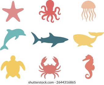 Vector collection of sea animals including whales, dolphins, turtles, starfish, and octopus in flat colorful cartoon style for marine or educational themes.