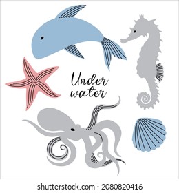 Vector collection of sea inhabitants fish, octopus, starfish, seahorse and shellfish