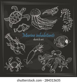 Vector collection of sea inhabitants in sketch style on dark background. Vector illustration for your design
