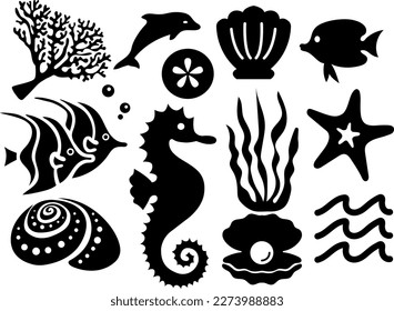 Vektorgrafik Seeblick. schwarze Silhouette exotischer Tiere im Ozean. Delfin, Fische, Muscheln, Unterwasser-wild