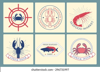 Vector collection of seafood badges. Vector graphic set for any business related to the seafood industry. Icons, badges and labels design. Square layouts, marine vintage colors. 