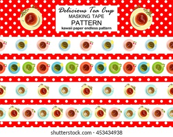 Vector collection of seamless borders. Delicious tea cup ribbon pattern on polka dot background, masking tape, kawaii paper endless pattern, template for stationery, diary, notes. Set 1 from 2